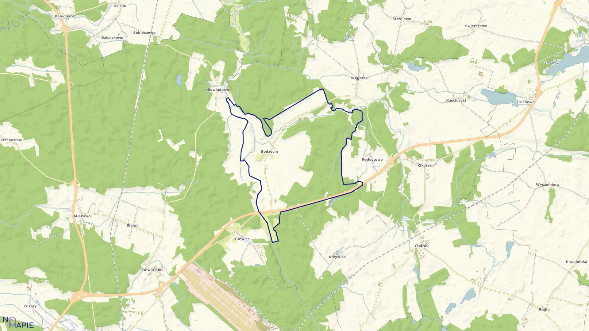 Mapa obrębu Bodzęcin w gminie Osina